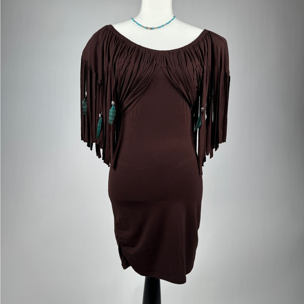 NEW Off-Shoulder Fringe Stretch Mini Dress Brown Size S, M, L